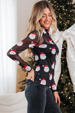 Black Christmas Fashion Print Slim Fit Long Sleeve Top - Image 11