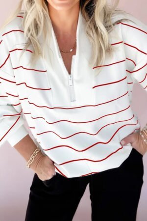 Fiery Red Zip V Neck Casual Stripe Print Drop Shoulder Long Sleeve Top - Image 3