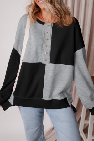 Color black Colorblock Henley High Low Oversize Sweatshirt - Image 5
