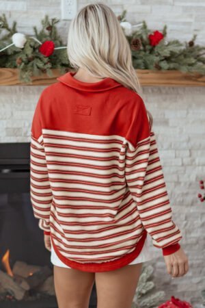 Red Stripe Buttoned V Neck Collared Drop Shoulder Top - Image 11