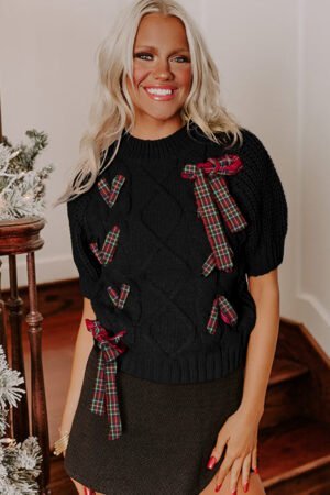 Black Plaid Lace up Detail Christmas Holiday Puff Short Sleeve Sweater - Image 4