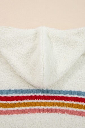 White Multicolored Striped Accent Hooded Popcorn Sweater - Image 7