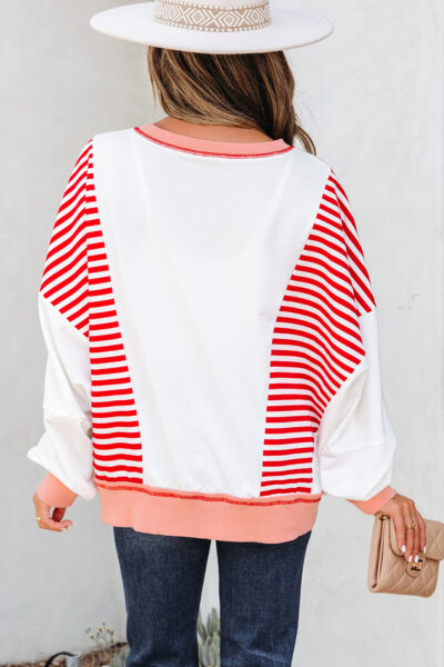 Red Stripe Colorblock Patchwork Contrast Stitching Oversize Sweatshirt