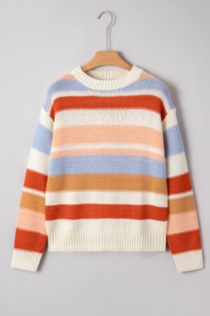 Pink Striped Colorblock Round Neck Drop Shoulder Sweater - Image 5