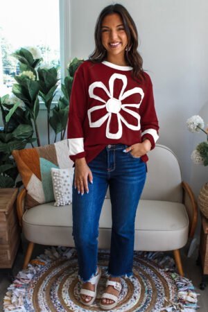 Red Dahlia Cheerful Daisy Flower Patched Round Neck Long Sleeve Top - Image 4