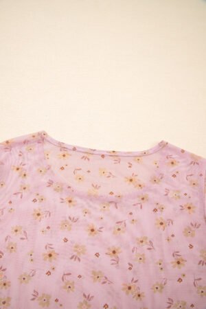 Pink Vintage Floral Print Southern Style Mesh Long Sleeve Top - Image 10