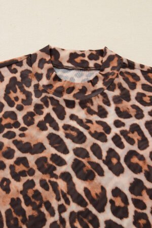 Brown Leopard Mock Neck Long Sleeve Mesh Top - Image 5