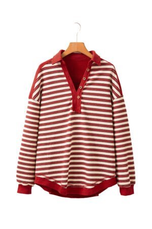 Red Stripe Buttoned V Neck Collared Drop Shoulder Top - Image 18