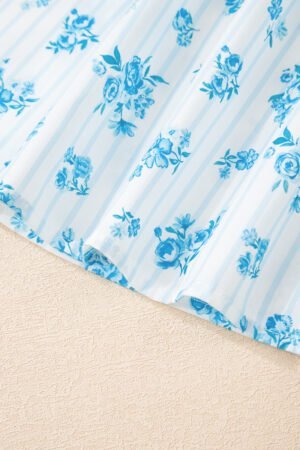 Sky Blue Floral Striped Print Contrast Patched Pocket Shirt and Shorts Set - Image 5