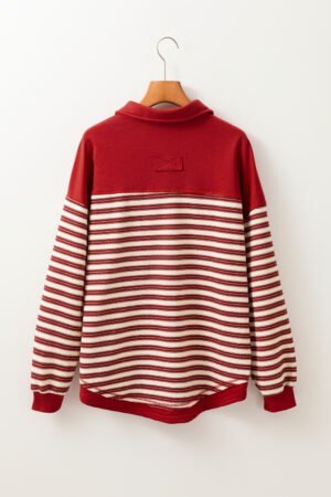Red Stripe Buttoned V Neck Collared Drop Shoulder Top - Image 6