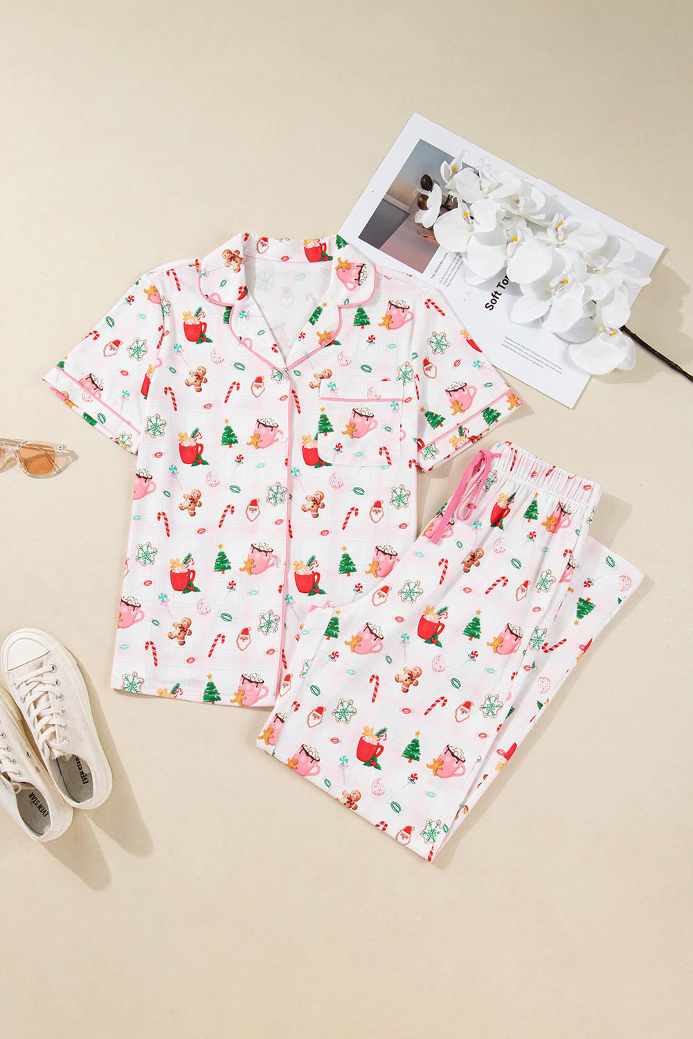 Pink Christmas Spirit Cute Holiday Print Short Sleeve Shirt and Pants 2pcs Pajama Set Pink Christmas Spirit Cute Holiday Print Short Sleeve Shirt and Pants 2pcs Pajama Set