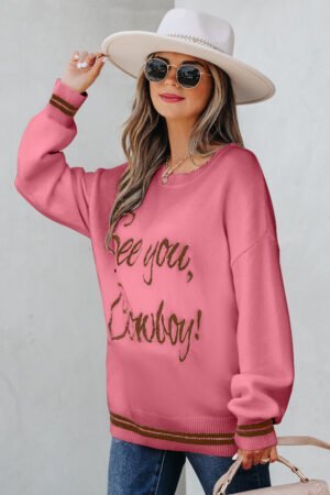 Peach Blossom See You Cowboy Embroidered Western Graphic Sweater - Image 3