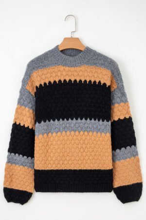 Khaki Color Block High Neck Baggy Sweater - Image 2