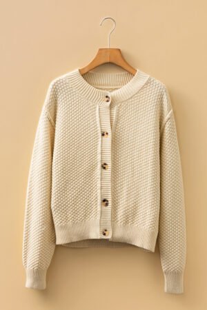 Beige Button Front Cropped Cardigan Sweater - Image 9