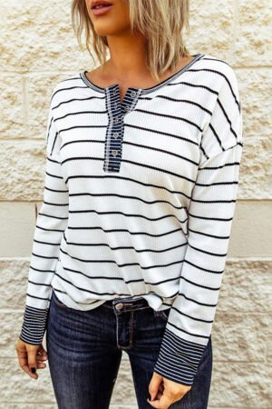 Striped Color Block Buttoned Waffle Knit Shirt - Image 3