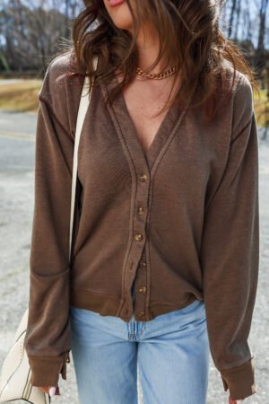 Coffee Button Front V Neck Casual Cardigan - Image 7