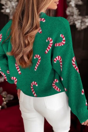 Dark Green Christmas Candy Cane Holiday Drop Shoulder Sweater - Image 2