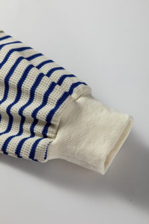 Blue Stripe Textured Elbow Patched Crew Neck Drop Shoulder Sweatshirt - Image 9