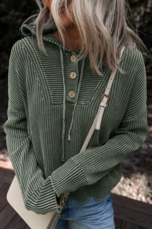 Mist Green Mineral Wash Ribbed Knit Button Drawstring Neck Hooded Sweater - Image 4