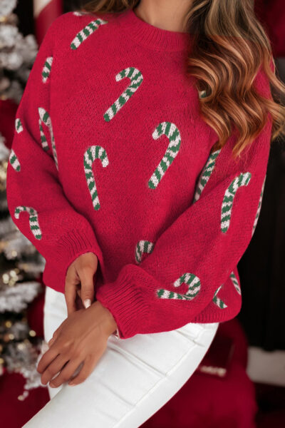 Racing Red Christmas Candy Cane Holiday Drop Shoulder Sweater