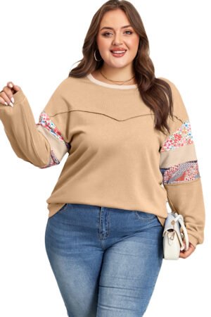 Khaki Exposed Seam Floral Mixed Patchwork Relaxed Plus Size Top - Image 14