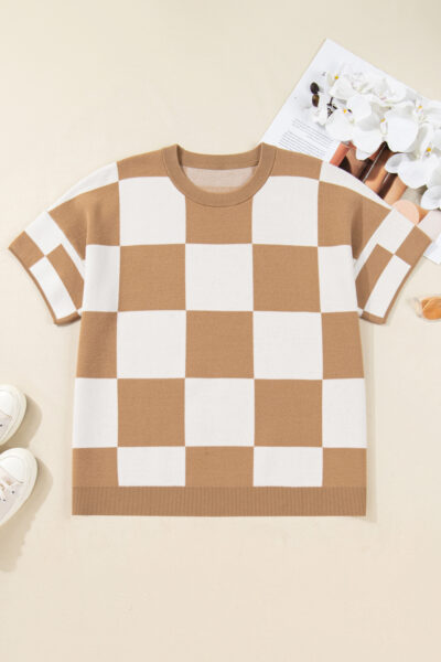 Light French Beige Plus Size Checkered Pattern Knit Short Sleeve Sweater
