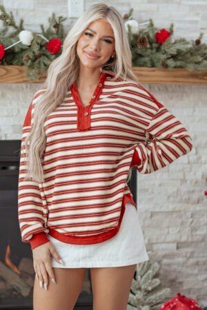 Red Stripe Buttoned V Neck Collared Drop Shoulder Top - Image 14