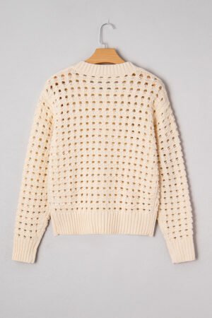Beige Hollowed Pattern Knit Zip Up Drop Shoulder Sweater Cardigan - Image 7