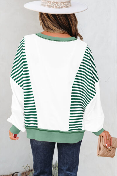 Green Stripe Colorblock Patchwork Contrast Stitching Oversize Sweatshirt