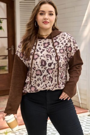 Brown Leopard Print Knit Patchwork Plus Hoodie - Image 4