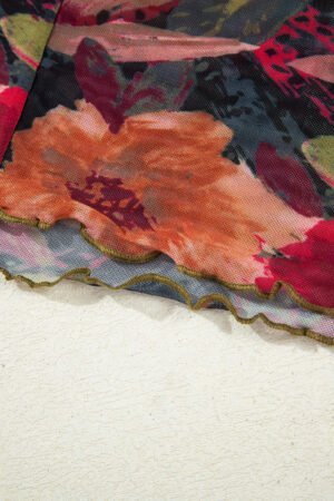 Multicolour Floral Print Lettuce Trim Long Sleeve Mesh Top - Image 8