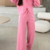 Pink Solid Color Zip Up Hoodie Drawstring Loose Pants Set