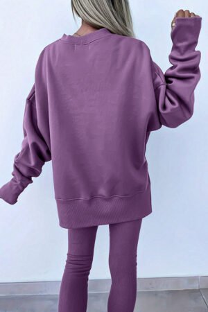 Alternative view of Orchid Mist Solid Color Oversize Slit Sweatshirt Ribbed Leggings 2pcs Set