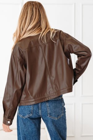 Chicory Coffee Double Flap Pocket Drawstring Hem Leather Jacket - Image 5