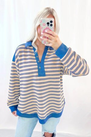 Blue Stripe Buttoned V Neck Collared Drop Shoulder Top - Image 3