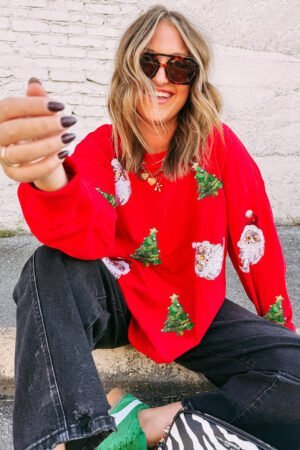 Red Santa Claus Christmas Tree Patched Pattern Drop Shoulder Sweatshirt - Image 8