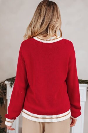 Fiery Red MERRY Color Block Edge Drop Shoulder Cozy Sweater - Image 4