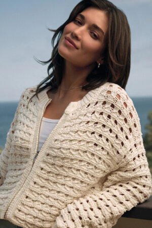 Beige Hollowed Pattern Knit Zip Up Drop Shoulder Sweater Cardigan - Image 4