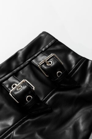 Black Faux Leather Retro Buckle Detail Pleated Stitch Flared Midi Skirt - Image 12