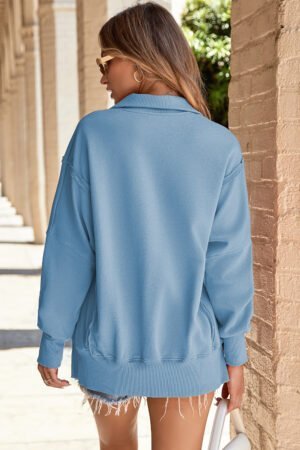 Light Blue Buttoned Collared Raw Detail High Low Baggy Sweatshirt with Slits - Image 2