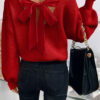 Racing Red Lantern Sleeve V Neck Knot Back Sweater
