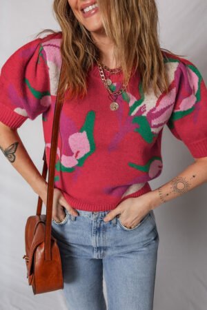 Red Floral Abstract Print Short Puff Sleeve Sweater - Image 5