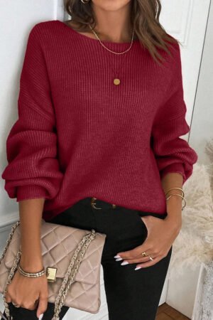 Red Dahlia Ribbed Knit Ribbon Knot Backless Drop Shoulder Sweater - Image 2