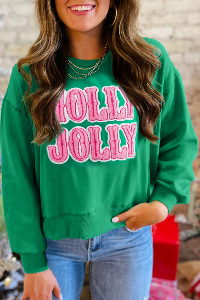 Sea Green HOLLY JOLLY Towel Embroidered Christmas Holiday Sweatshirt