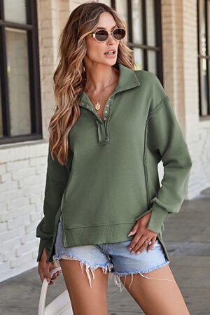 Moss Green Buttoned Collared Raw Detail High Low Baggy Sweatshirt with Slits - Image 4