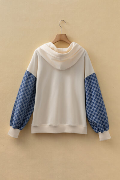 Parchment Checkered Patchwork Kangaroo Pocket Half Zipper Hoodie