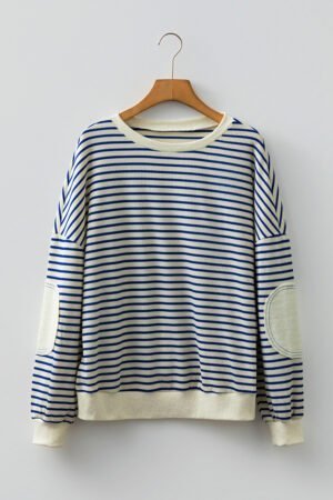 Blue Stripe Textured Elbow Patched Crew Neck Drop Shoulder Sweatshirt - Image 5