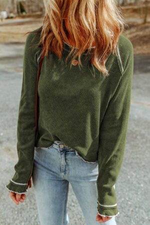 Green Textured Round Neck Long Sleeve Top - Image 3
