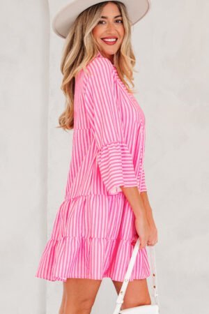 Alternative view of Pink Stripe Flare Sleeve Half Placket Tiered Flowy Mini Dress