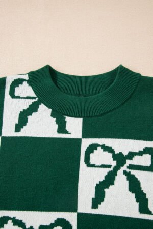 Blackish Green Checkered Bow Print Casual Sweater - Image 7